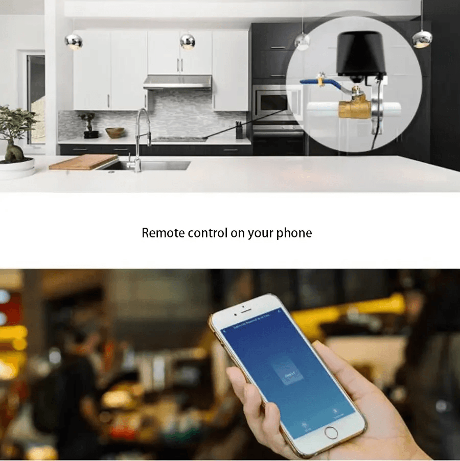 Glomarket Smart Tuya Pull Ring Clutch Manual Control Valve Wifi Controller Water Valve System Work with Alexa Google in modern kitchen.