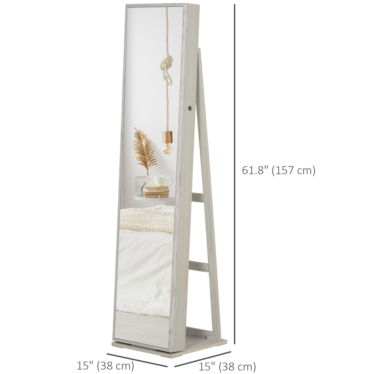 HOMCOM Mirror Jewelry Cabinet Armoire, Lockable Jewelry Organizer with Full-Length Mirror, LED Lights, Standing Jewelry Armoire in White Wood