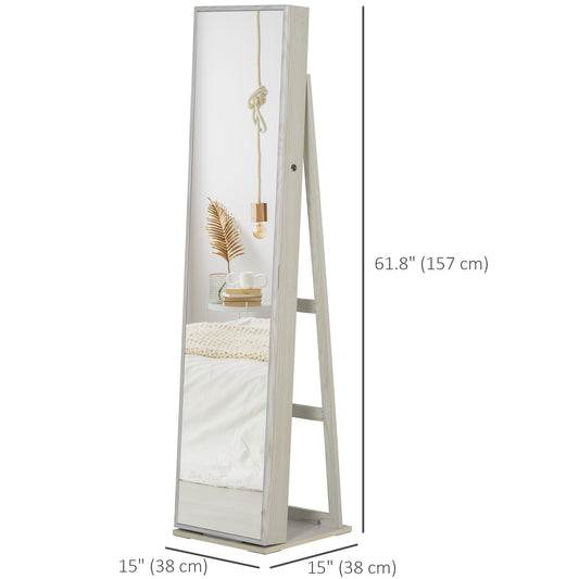 HOMCOM Mirror Jewelry Cabinet Armoire, Lockable Jewelry Organizer with Full-Length Mirror, LED Lights, Standing Jewelry Armoire in White Wood