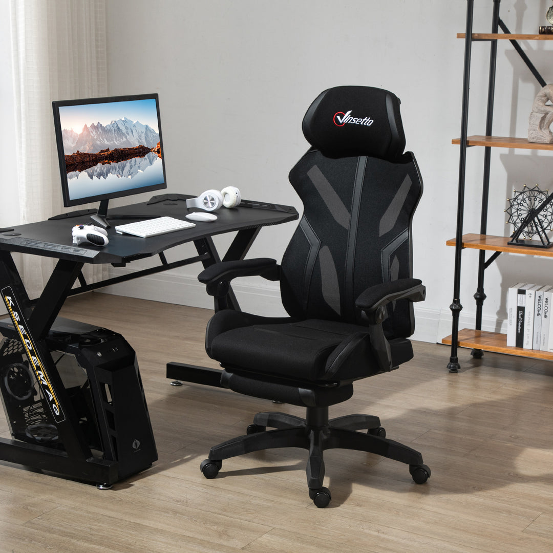 Vinsetto Gaming Chair, Ergonomic Computer Chair with Footrest, Headrest, Recliner Swivel Seat with Adjustable Height, Black