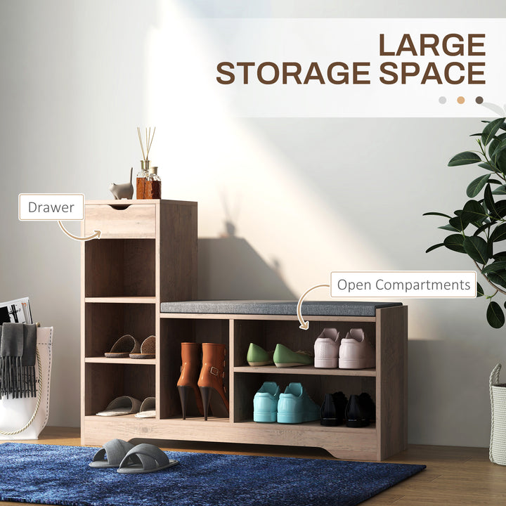 HOMCOM Upholstered Shoe Storage Bench w/ Seat, Entrance Bench w/ Drawer and 6 Open Shelves for Hallway, White