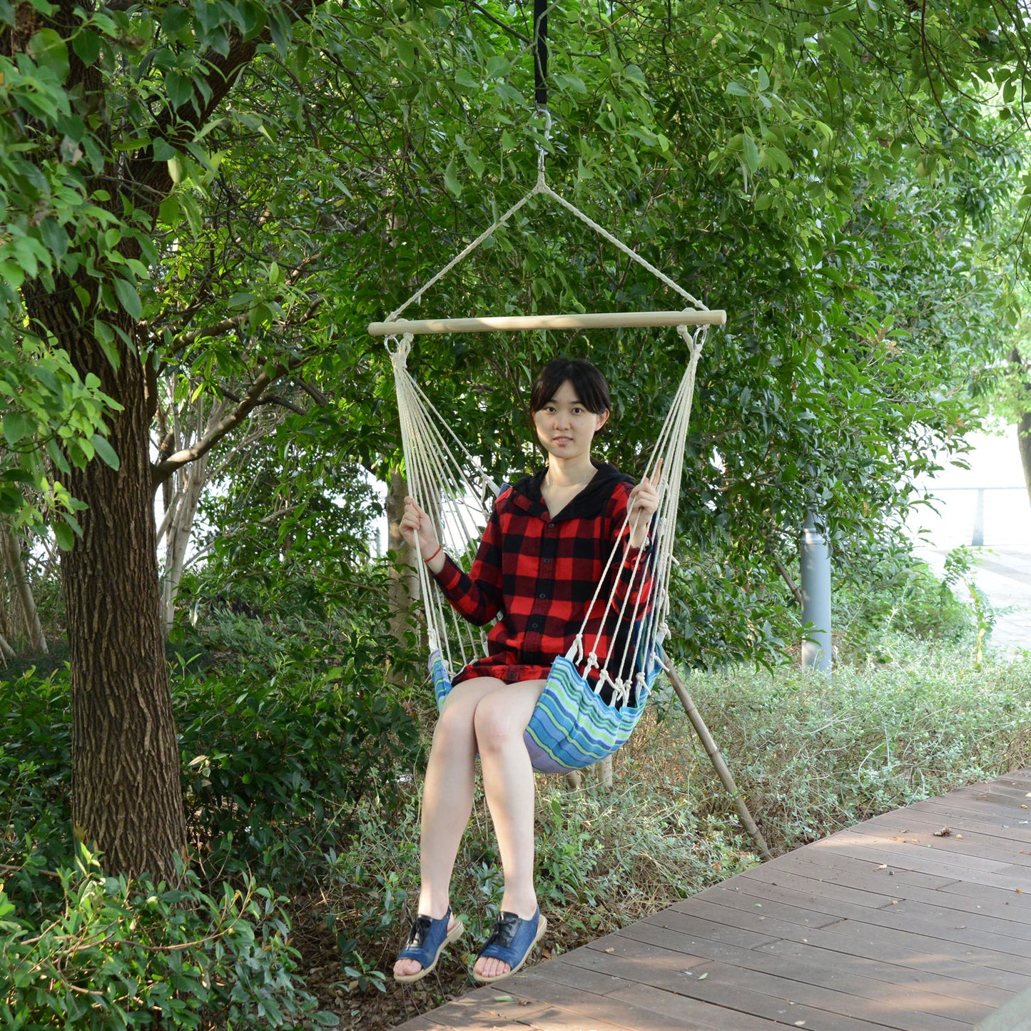 Outsunny Portable Hanging Woven Hammock Seat Rope Swing Chair Sleeping Bed for Outdoor Garden Yard Camping Blue
