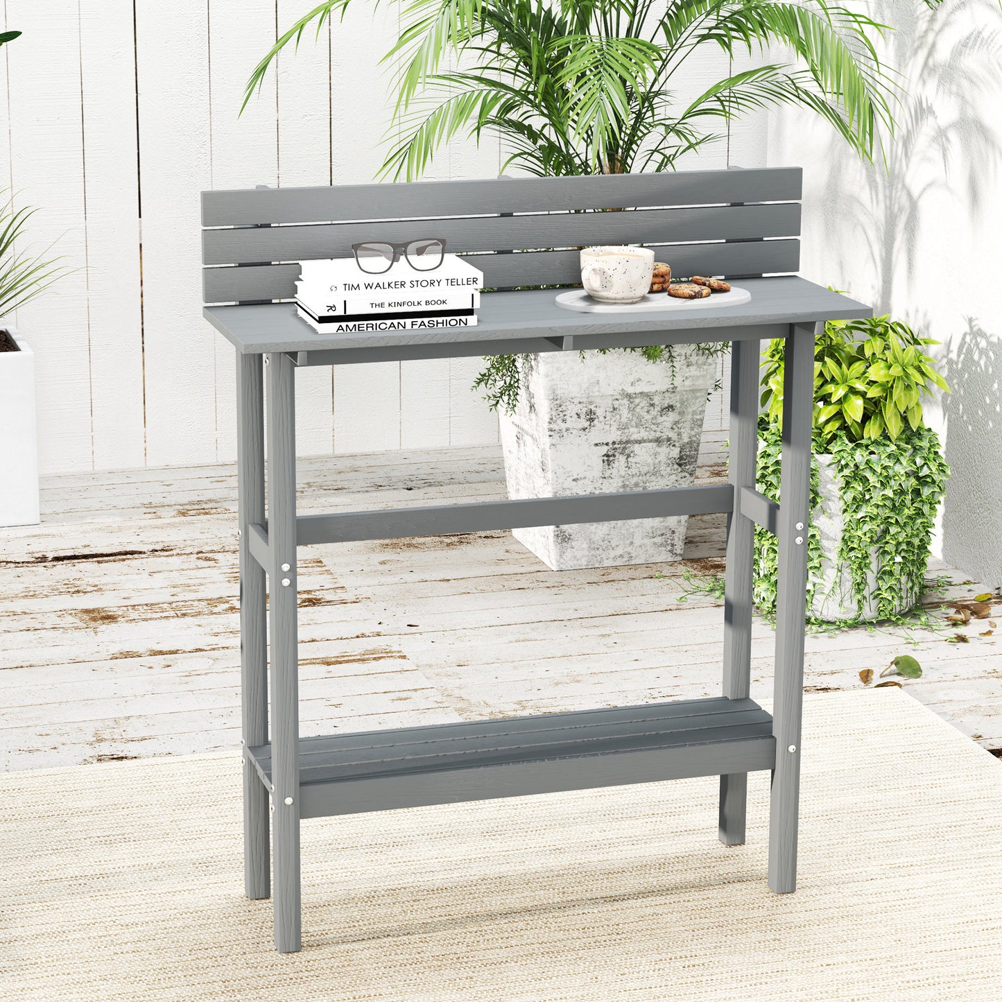 Outsunny 110cm Rectangle Outdoor Bar Table with Built-in Footrest, Slatted Top, Grey