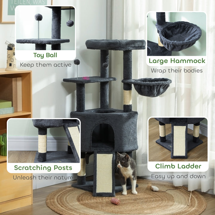 PawHut 47 Inch Cat Tree, Cat Tower for Indoor Cats with Cozy Condo, Bed, Toy Balls, Sisal Scratching Posts, Hammock, Dark Grey