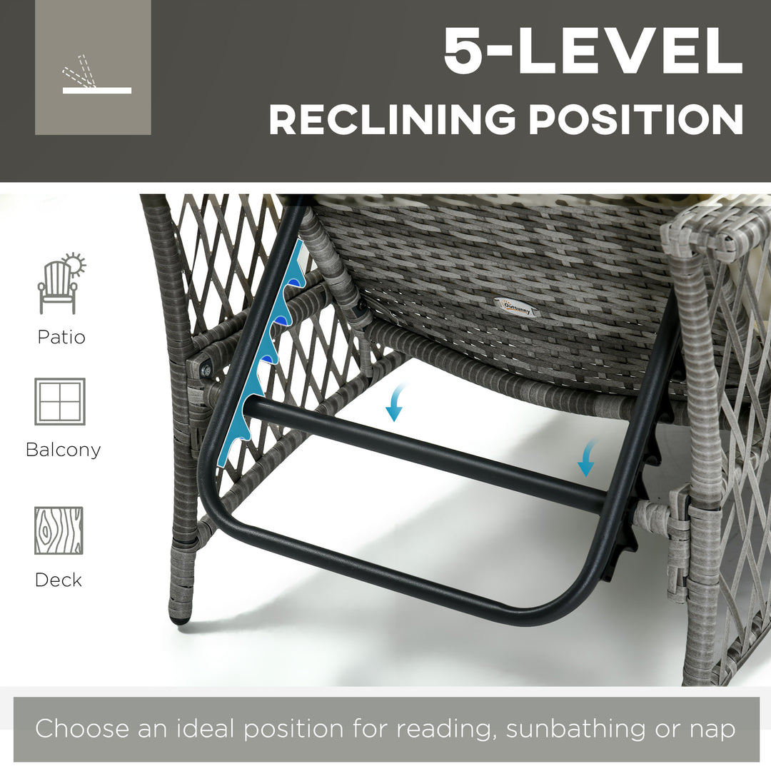 Outsunny 2 Pieces Wicker Patio Lounge Set w/ Cushions, Outdoor PE Rattan Sun Lounger Sets w/ 5-Level Reclining Chaise Chair & Two-tier Glass Top Coffee Table, Cream White