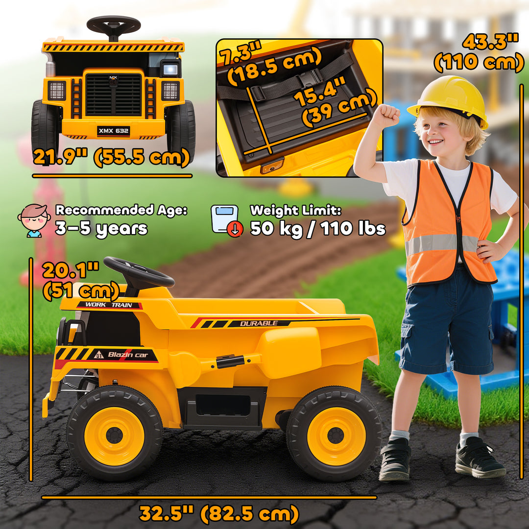 Qaba Kids Electric Car, Ride On Dump Truck, 12V Ride On Toy with Electric Dump Bed and Remote Control, Yellow