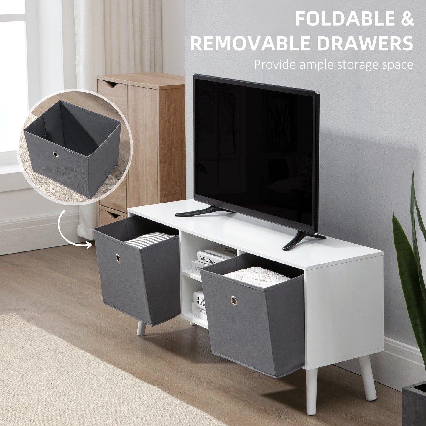 HOMCOM Modern TV Stand Cabinet with Foldable Drawers and Shelves for Living Room, Bedroom, White