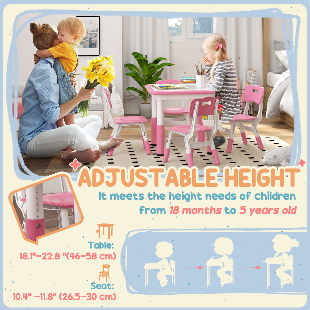Qaba 5 Pieces Toddler Table and Chair Set, Height Adjustable Activity Table and Chair Set for Nursery Classroom, Grey