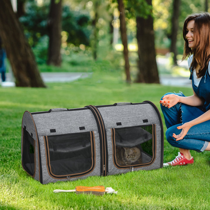 PawHut 39" Travel Pet Carrier, Portable Soft-Sided Cat Carrier with Divider, Two Compartments, Cushions, & Storage Bag, Grey