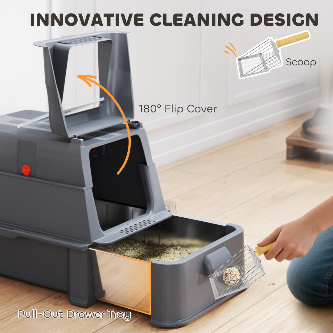 PawHut 80L XL Stainless Steel Cat Litter Box for Big Cats with Flip Cover, Pull-Out Drawer Tray, High Sided, Pedal, Light Grey
