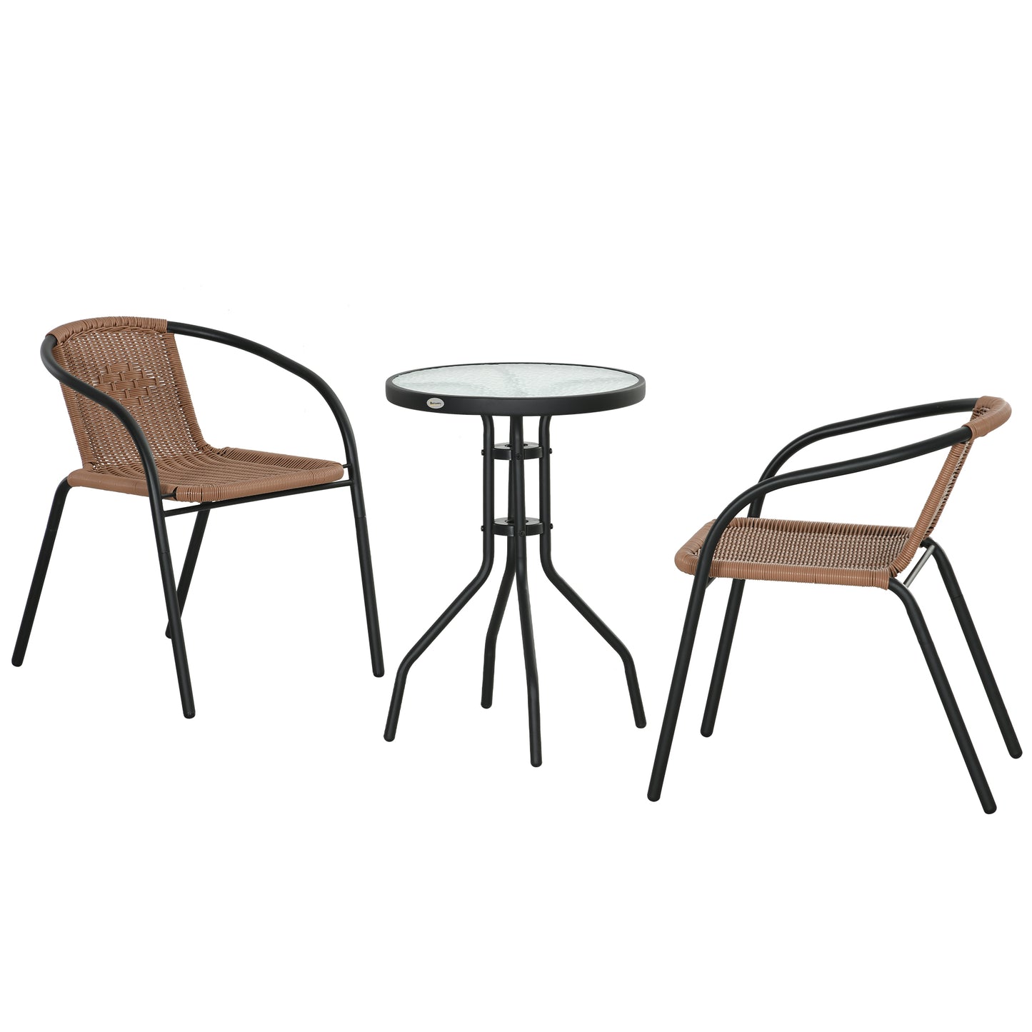 Outsunny 3 Pieces Outdoor Wicker Furniture Set with 2 Stackable Chairs, Tempered Glass Coffee Table for Garden, Backyard, Black