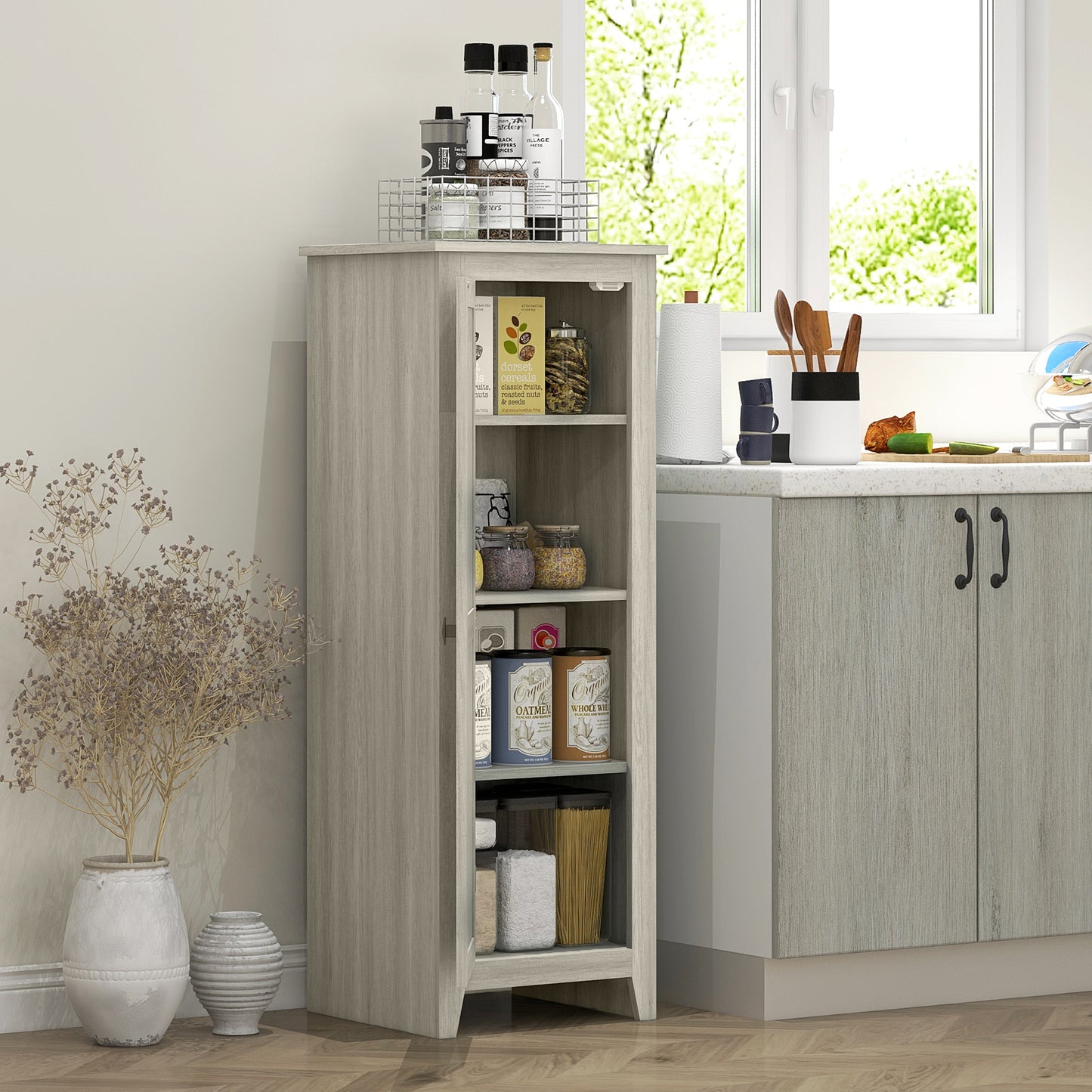 HOMCOM 48" Farmhouse Kitchen Pantry Storage Cabinet with Barn Door, Kitchen Pantry Cabinet with Adjustable Shelves, Natural