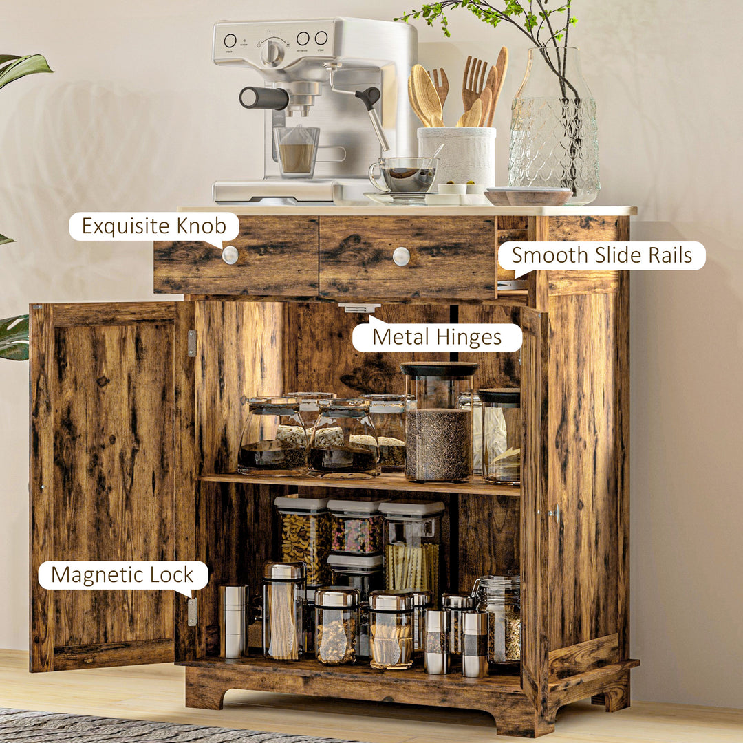 HOMCOM Sideboard Buffet Cabinet with Storage, 27" Kitchen Cabinet with Adjustable Shelf, 2 Drawers and 2 Doors, Coffee Bar Cabinet with Rubberwood Tabletop, White