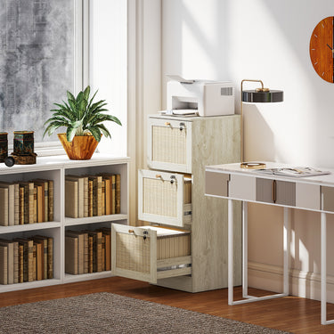 HOMCOM 3 Drawer Filing Cabinet with Lock, Boho File Cabinet for A4 Letter Size Files with Decorative Rattan Accents, Oak