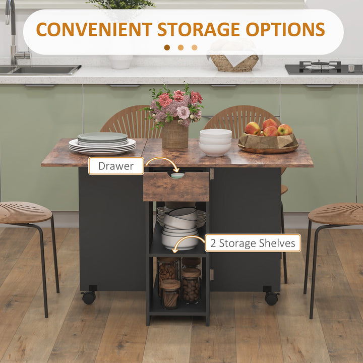 HOMCOM Folding Dining Table, Space Saving Drop Leaf Table with Drawer and Storage Shelves for Kitchen, Dining Room, Oak