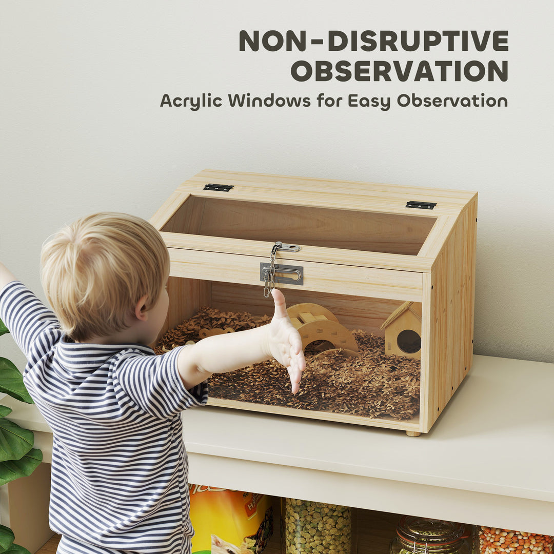 PawHut 22"L Hamster Cage with Openable Top & Acrylic Windows, Small Animal Cage with Hut, Seesaw, Ladder, Natural Wood
