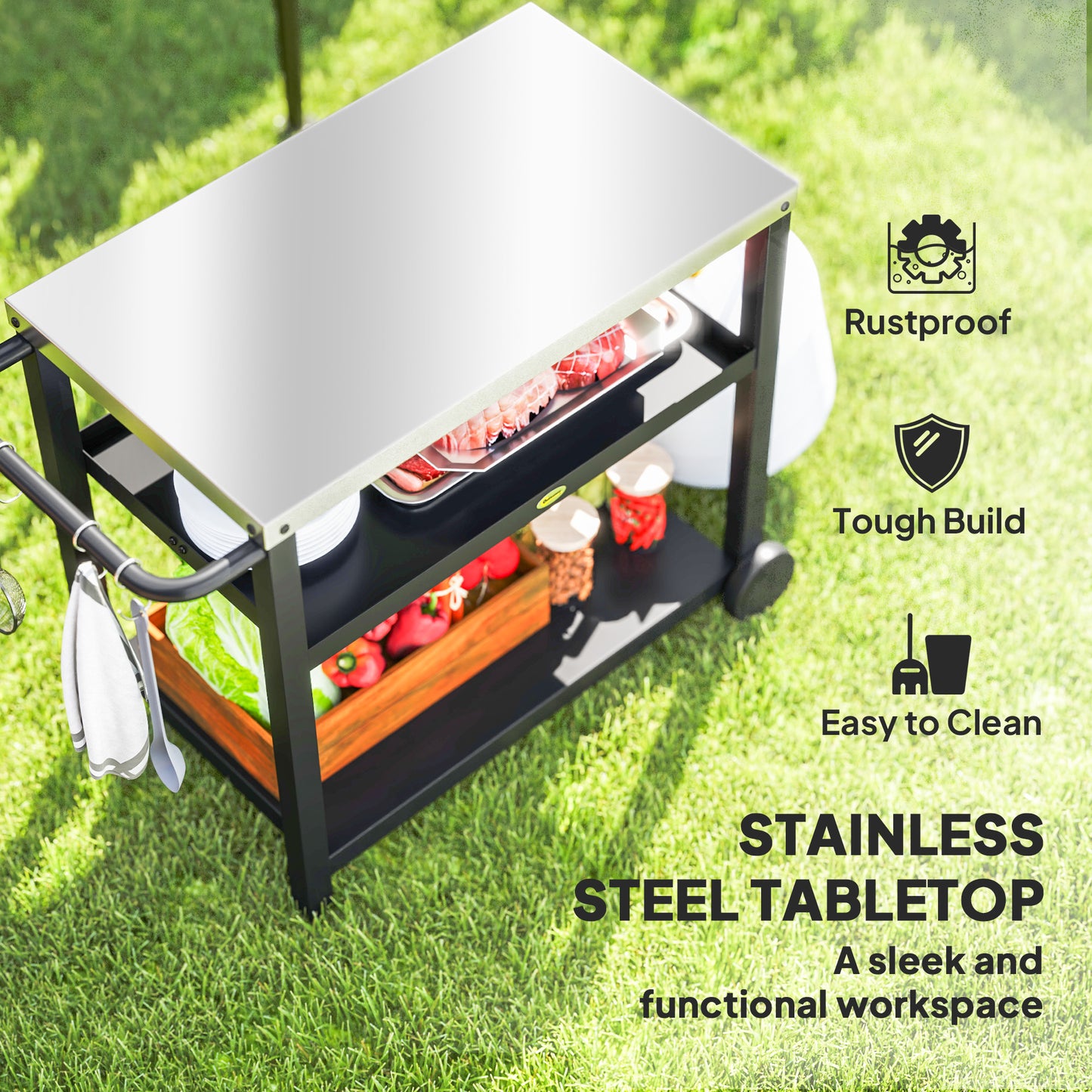 Outsunny 3-Shelf Outdoor Grill Dining Cart Pizza Oven Stand with Stainless Steel Top, Movable BBQ Food Prep Table Outdoor Kitchen Island with Hooks Wheels Handle, Charcoal Grey