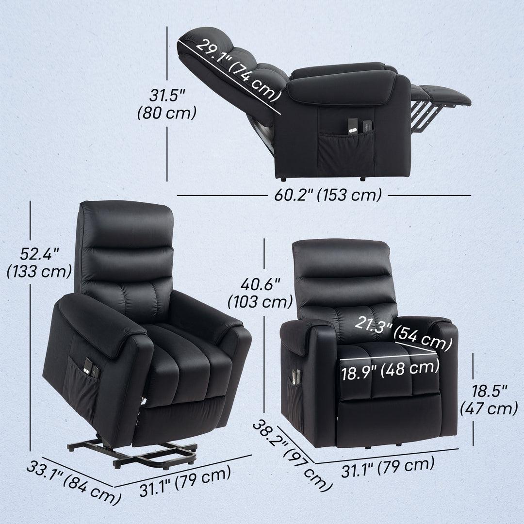 HOMCOM Lift Chair for Elderly, Massage Recliner Chair with 8 Vibration Points, Footrest, Remote Control, Side Pockets, Black