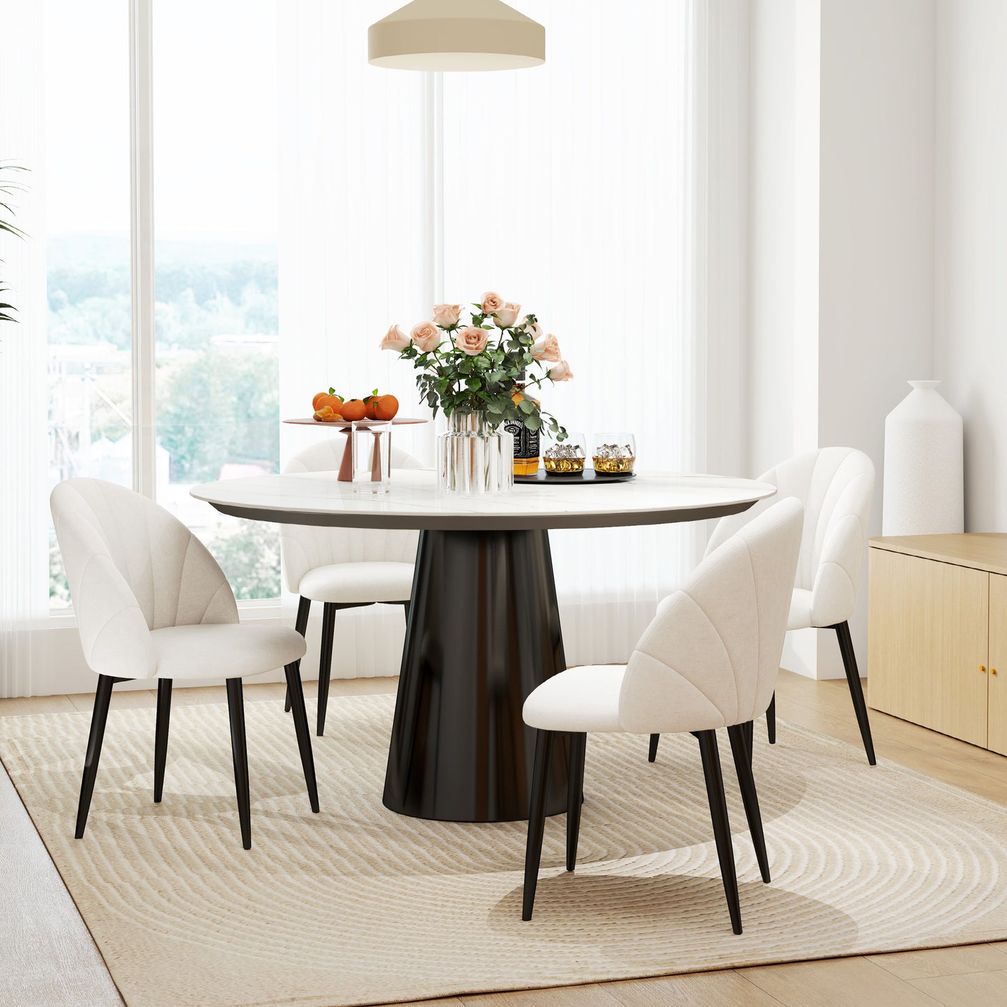 HOMCOM Modern Dining Chairs Set of 4, Upholstered Dining Room Chairs with Metal Legs, Shell Backrest, Padded Seat, Cream White