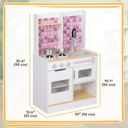 Qaba Play Kitchen Set for Kids, Kids Kitchen Playset with Realistic Lights & Sounds, Sink, Oven, Stove, White