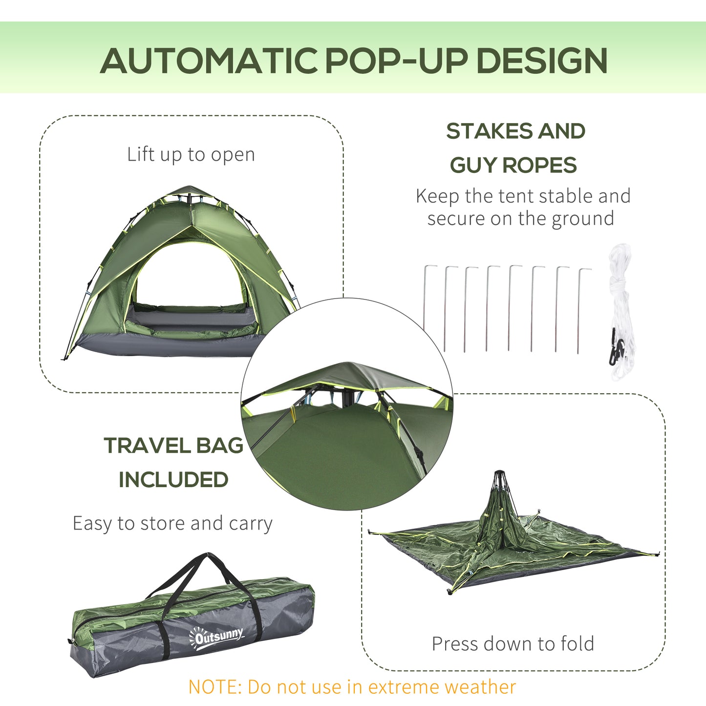 Outsunny Camping Tent, 3 Person Family Tent, 1000mm Waterproof, with Sewn-in Groundsheet and Carry Bag,  for Fishing, Dark Green