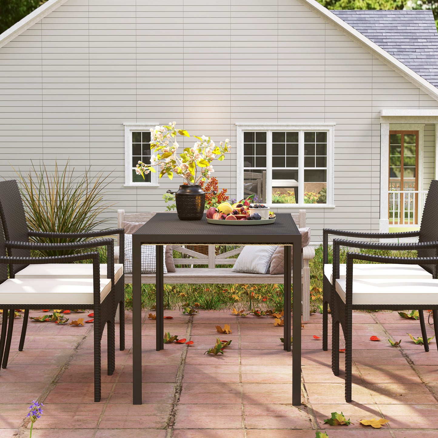 Outsunny Rectangular Outdoor Dining Table, 4-Seat Patio Table with PE Rattan Wicker Tabletop for Backyard and Lawn, Grey