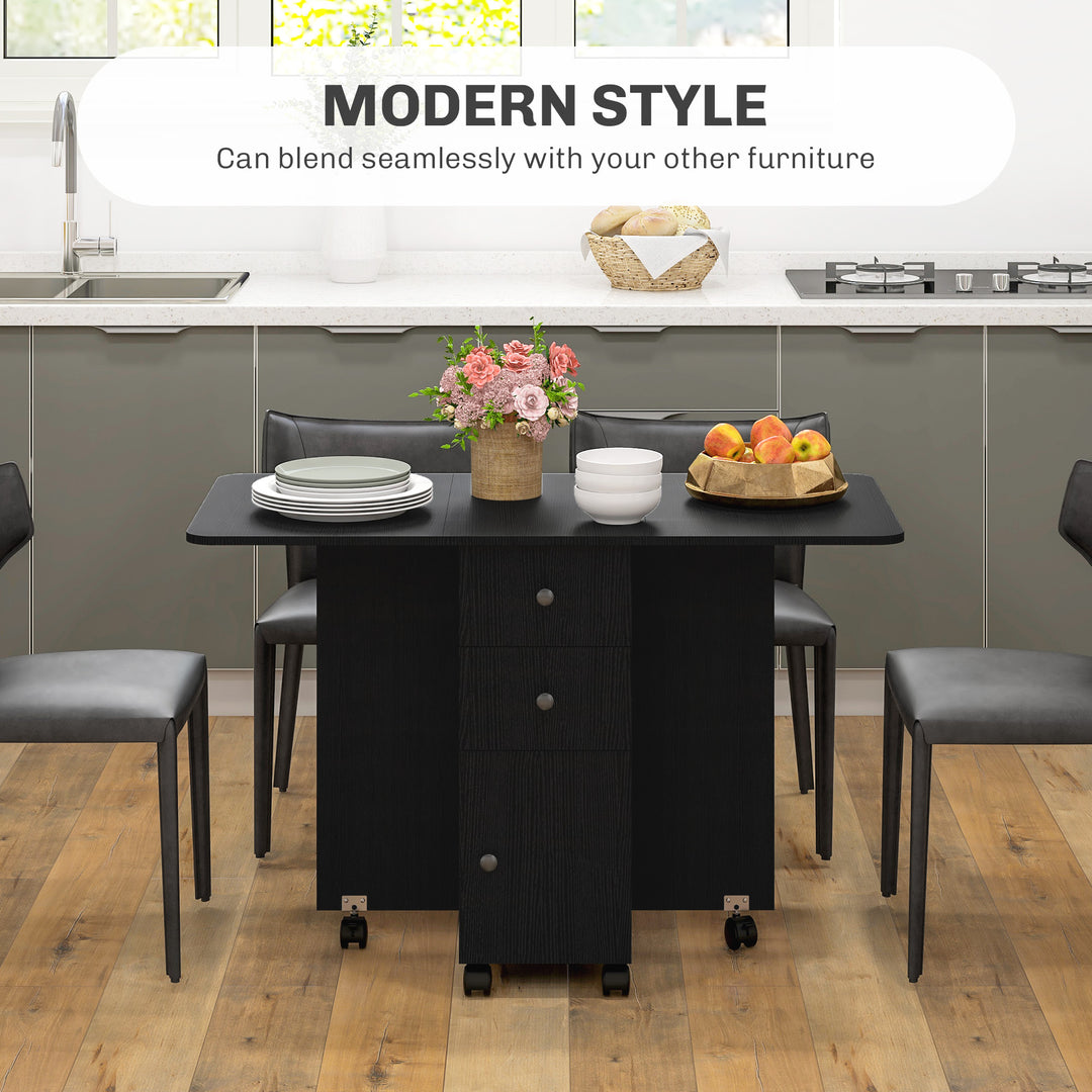 HOMCOM Foldable Dining Table, Rolling Kitchen Table with Storage Drawers and Cabinet, Drop Leaf Table on Wheels, Grey