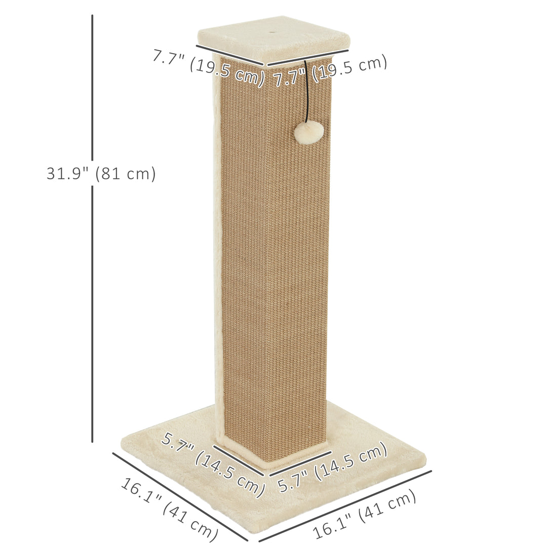 PawHut 32" Tall Cat Scratching Post for Indoor Cats and Kittens, Sisal Cat Scratcher with Hanging Ball Soft Plush, Grey