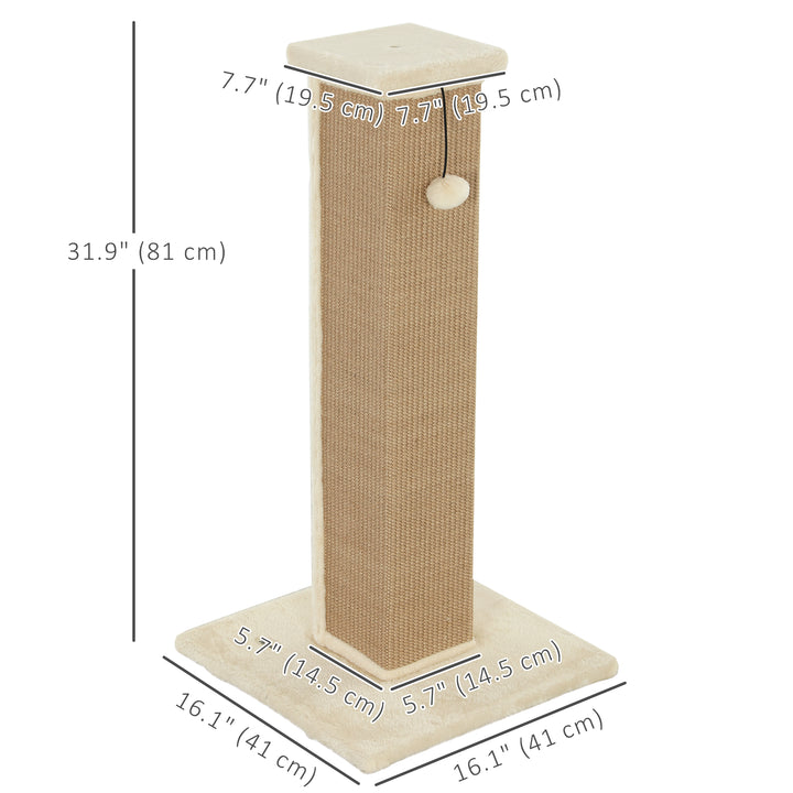 PawHut 32" Tall Cat Scratching Post for Indoor Cats and Kittens, Sisal Cat Scratcher with Hanging Ball Soft Plush, Grey