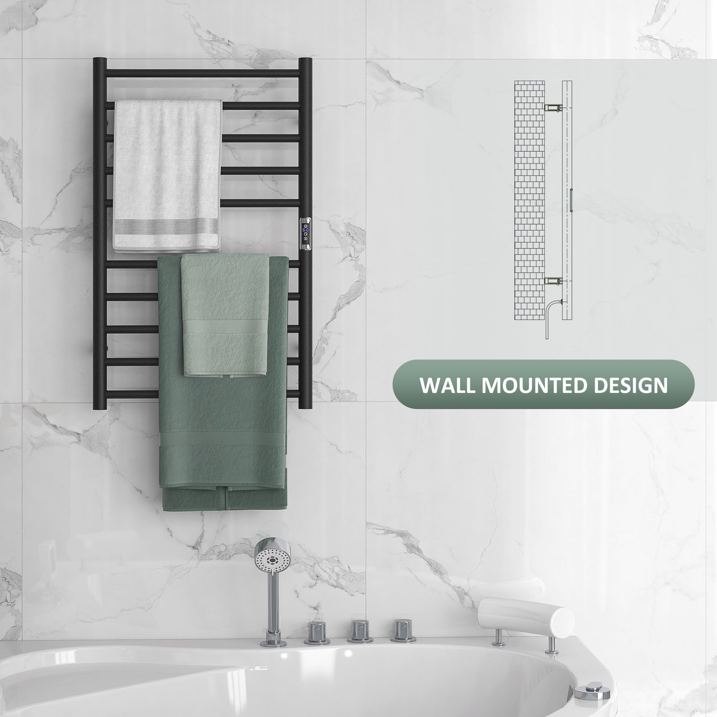 HOMCOM Wall Mounted Heated Towel Rack 10-Bar Electric Towel Warmer with Timer Adjustable Temperature Plug-in
