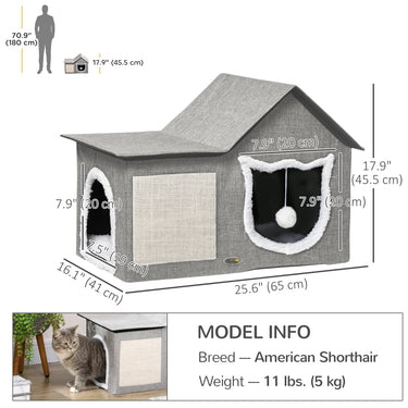 PawHut Large Cat Bed for Indoor, Cat House Hideaway with Soft Cushion, Scratching Pad, Dangling Ball, Dual Entrances, Grey