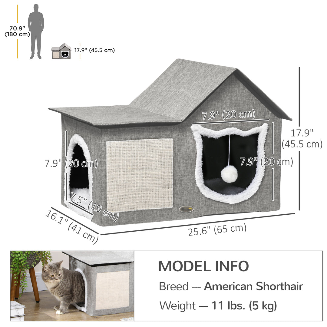 PawHut Large Cat Bed for Indoor, Cat House Hideaway with Soft Cushion, Scratching Pad, Dangling Ball, Dual Entrances, Grey