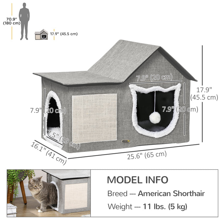 PawHut Large Cat Bed for Indoor, Cat House Hideaway with Soft Cushion, Scratching Pad, Dangling Ball, Dual Entrances, Grey