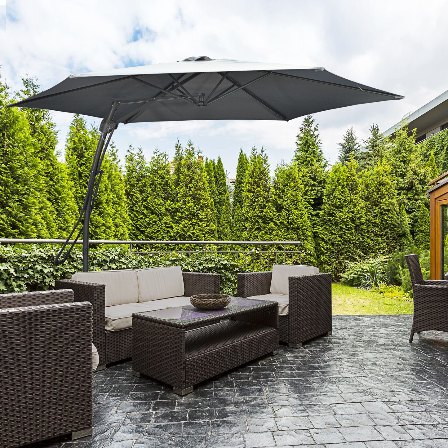 Outsunny 10ft Cantilever Patio Umbrella Offset Parasol with Crank Handle, Cross Base for Garden, Deck, Dark Grey