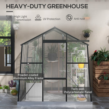 Outsunny 6' x 8' Walk-in Polycarbonate Greenhouse Aluminium Green House with Sliding Door, 5-Level Roof Vent, Rain Gutter