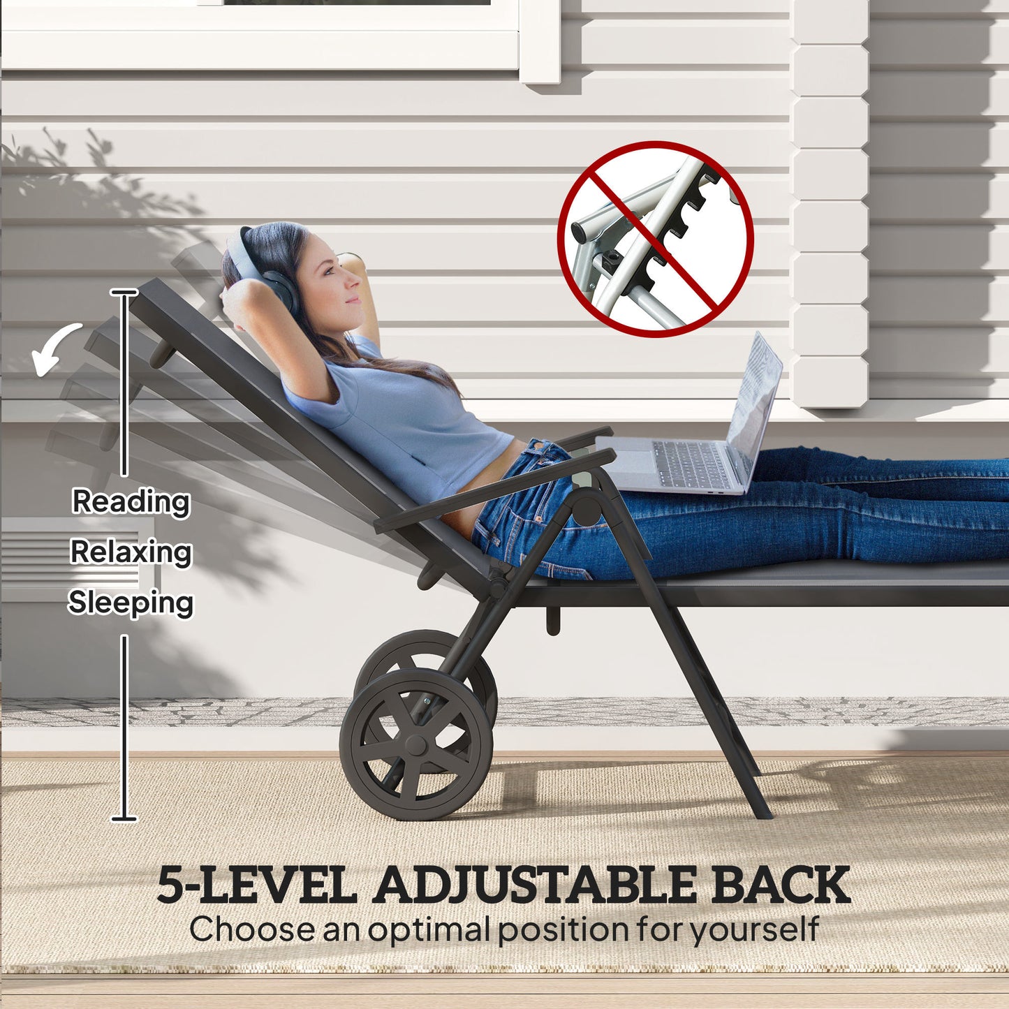 Outsunny Outdoor Lounge Chair, 5-Level Adjustable Folding Chaise Chair with 2 Wheels for Backyard, Beach, Poolside, Grey