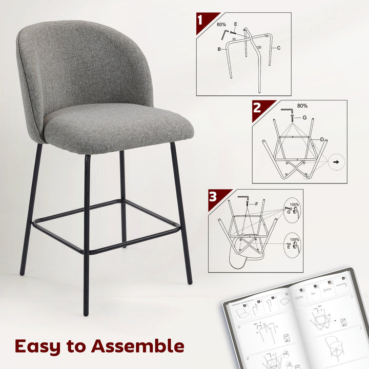 HOMCOM Set of 2 Counter Height Barstools, Upholstered Linen Bar Stools with Backrest, Footrest and Steel Legs, Dark Grey