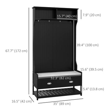 HOMCOM Coat Rack Shoe Bench, Hall Tree with Bench and Shoe Storage, Entryway Bench with 4 Hooks, 2 Drawers, 2 Shelves, Black