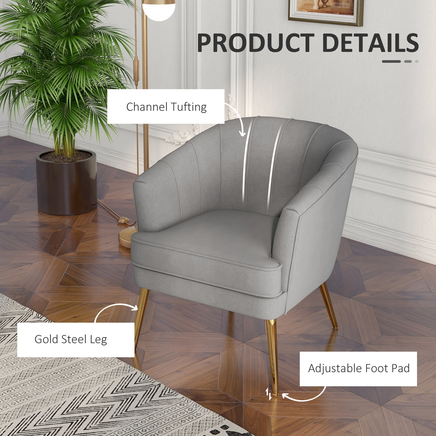 HOMCOM Fabric Armchair, Modern Accent Chair with Gold Metal Legs for Living Room, Bedroom, Home Office, Grey