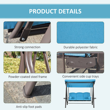 Outsunny Outdoor Patio 3-Person Steel Canopy Cushioned Seat Bench Swing with Included Side Trays & Padded Comfort, Light Blue