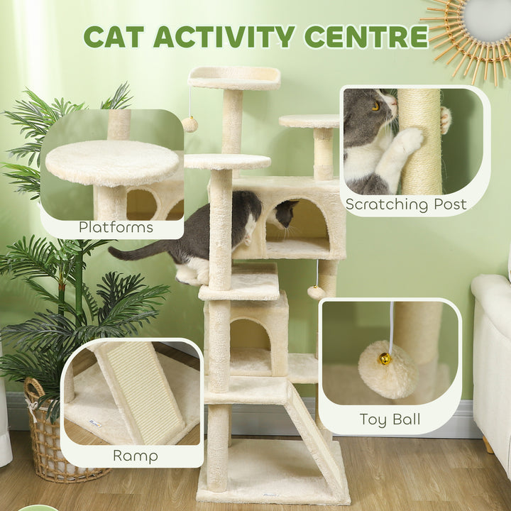 PawHut 54" Cat Tree, Multi-Level Cat Tower with Scratching Posts, Cat Condos, Bed, Platforms, Ramp, Toy Ball, Dark Blue