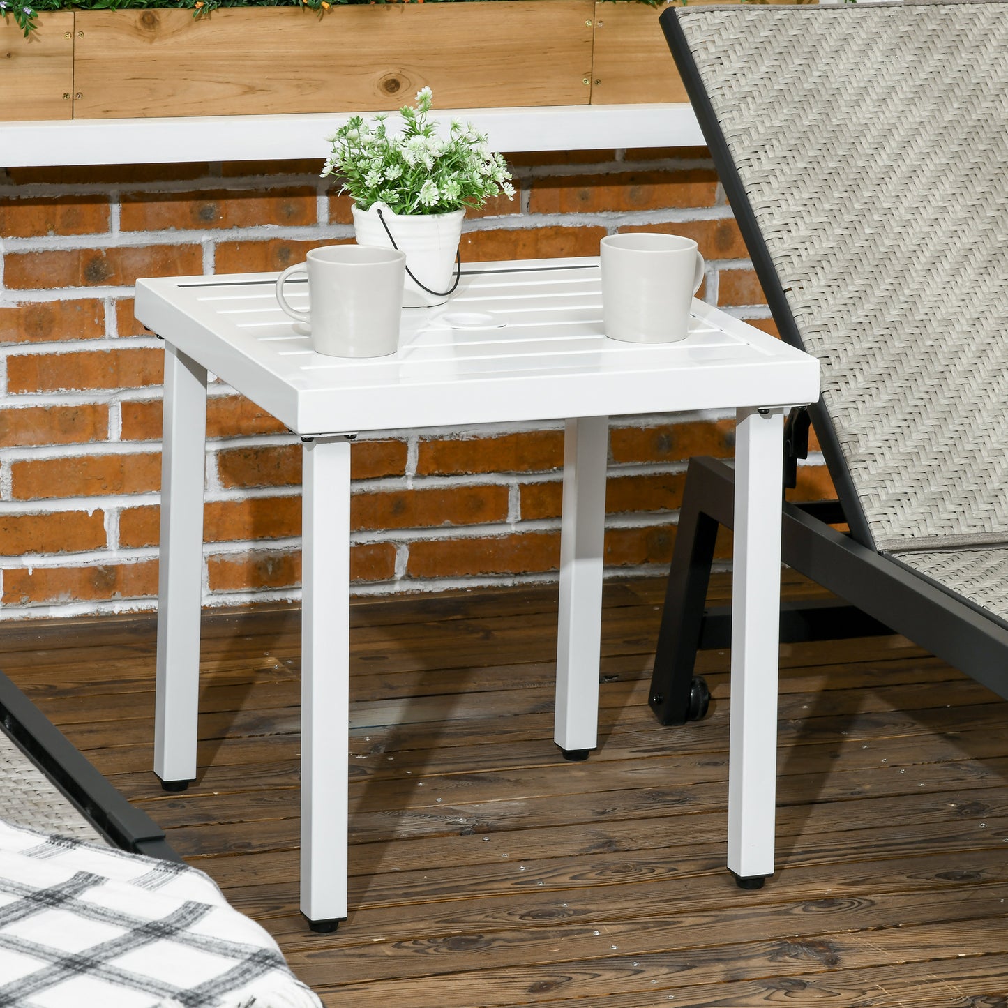 Outsunny Outdoor Side Table, Patio End Table with Umbrella Hole, Small Coffee Table with Steel Frame for Balcony, Black