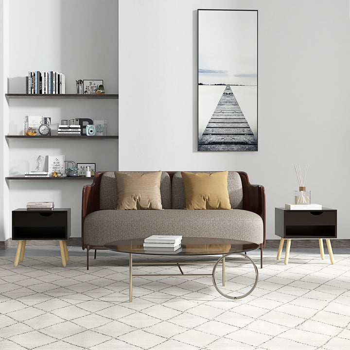 HOMCOM Set of 2 Bedside Table with Drawer and Shelf, Modern Nightstand with Wooden Legs, End Table for Bedroom, White