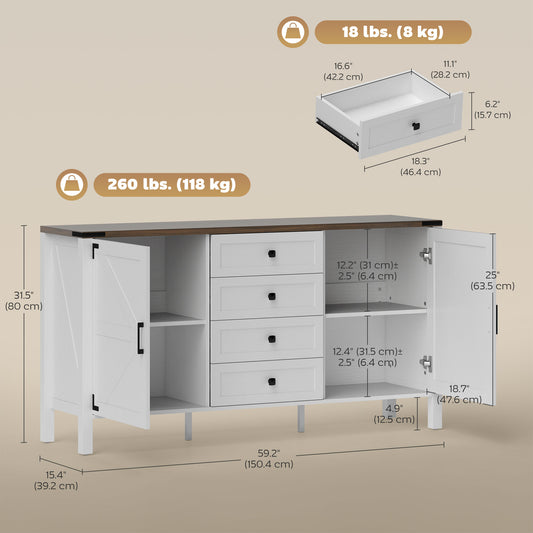 HOMCOM 59" Buffet Cabinet, Farmhouse Sideboard with Thick Top, 2 Barn Doors, 4 Drawers and 2 Adjustable Shelves, White
