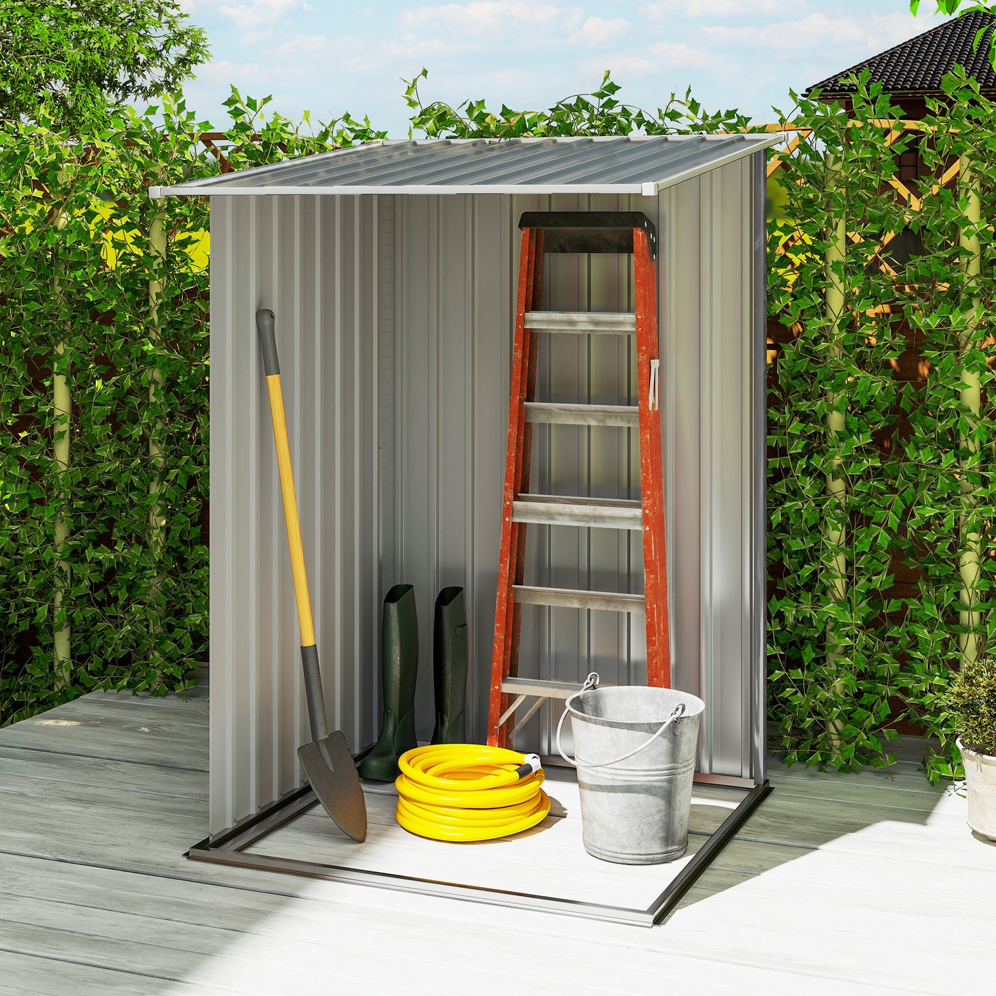 Outsunny 3.3' x 3.4' Lean-to Garden Storage Shed, Outdoor Galvanized Steel Tool House with Lockable Door for Patio Dark Gray