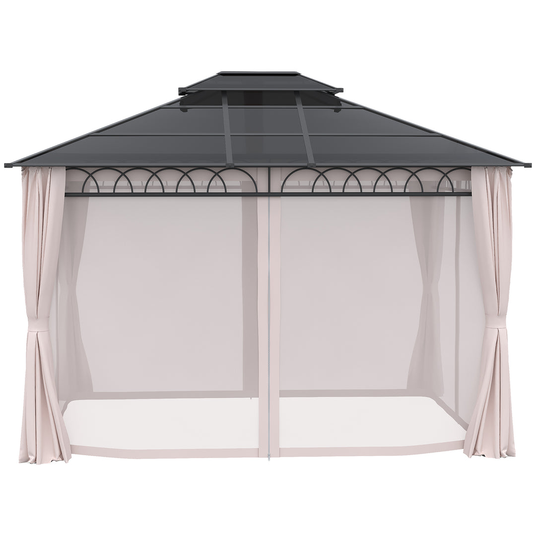 Outsunny 10' x 12' Outdoor Hardtop Gazebo Canopy w/ Double PC Roof, Steel Frame, Nettings, Curtains for Garden Lawn Deck, Khaki