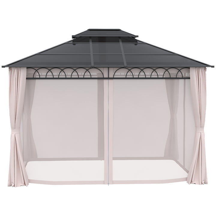Outsunny 10' x 12' Outdoor Hardtop Gazebo Canopy w/ Double PC Roof, Steel Frame, Nettings, Curtains for Garden Lawn Deck, Khaki