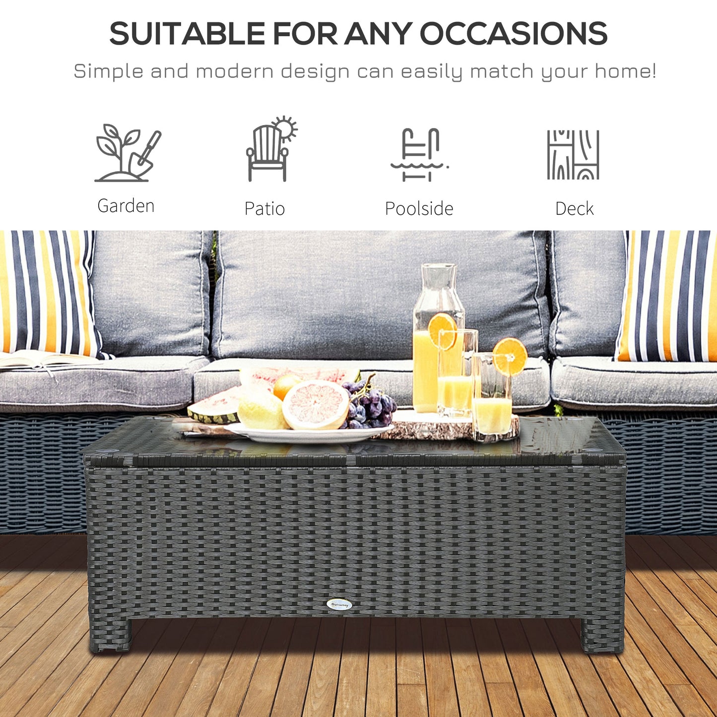 Outsunny Outdoor PE Rattan Wicker Table, Patio Garden Side Table w/Glass Top for Patio, Balcony, Mixed Grey