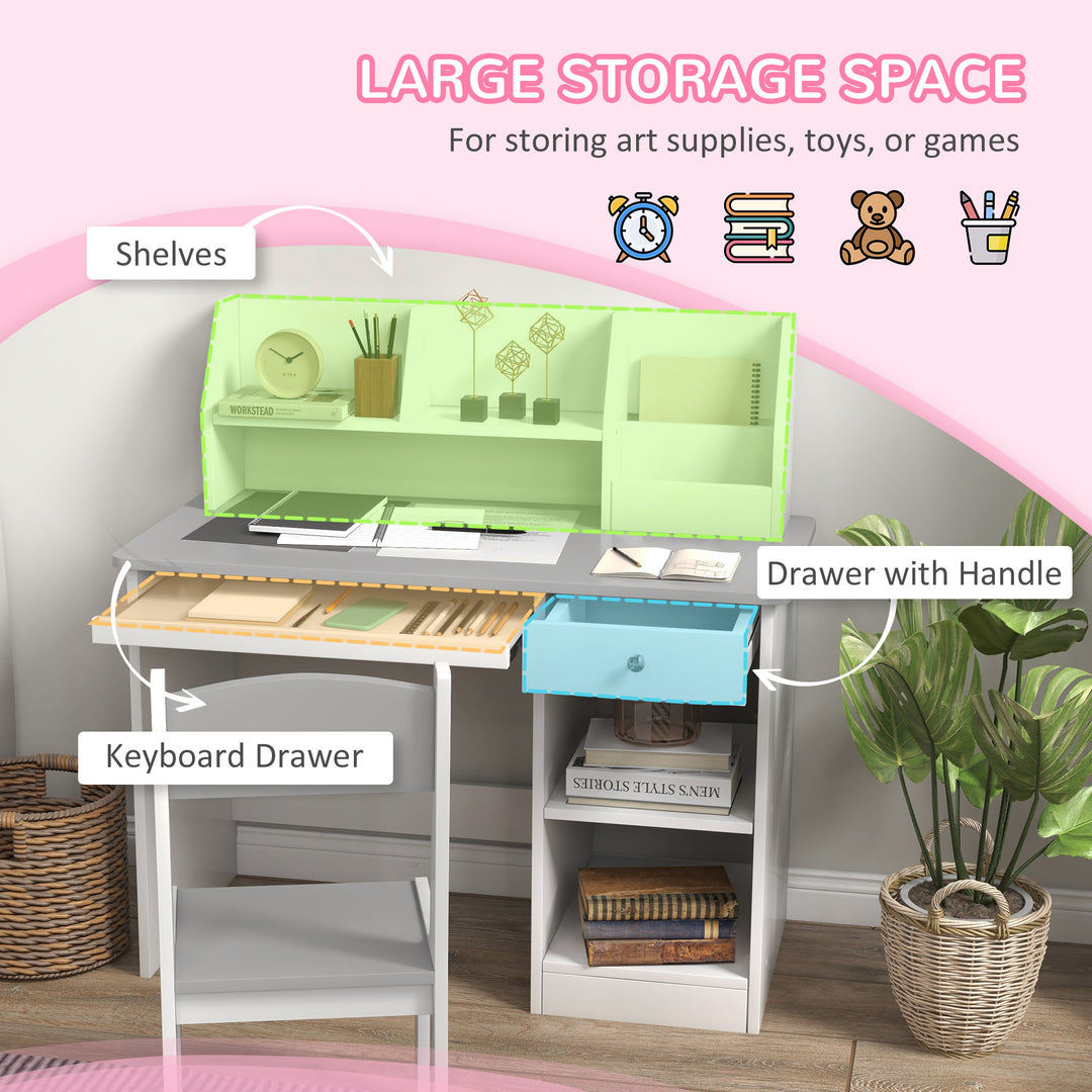 Qaba Kids Desk and Chair Set for 5-8 Year Old with Storage, Study Table and Chair for Children, White