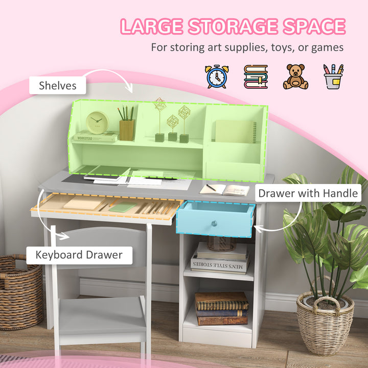 Qaba Kids Desk and Chair Set for 5-8 Year Old with Storage, Study Table and Chair for Children, White